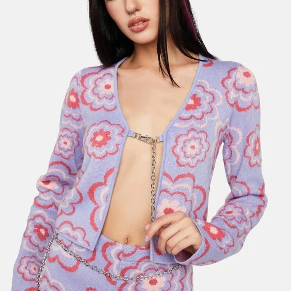 The Ragged Priest Free Bird Knit  Top Open Front Cardigan Purple Pink Floral XS